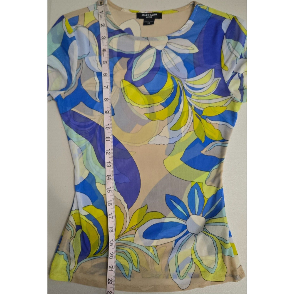 Marciano Guess‎ Womens Anouk Mesh Top XS Yellow Blue Floral Sheer Sexy Baby Tee - Picture 5 of 10
